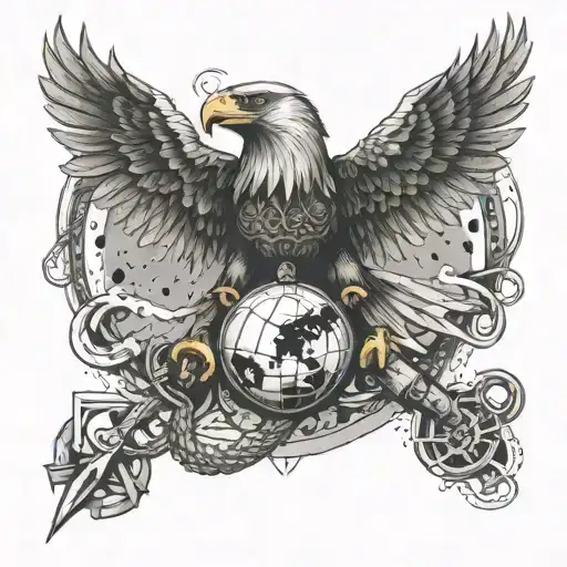 An abstract interpretation of an eagle, globe, and anchor merging together, with elements of guns and god subtly integrated throughout the design tattoo design idea