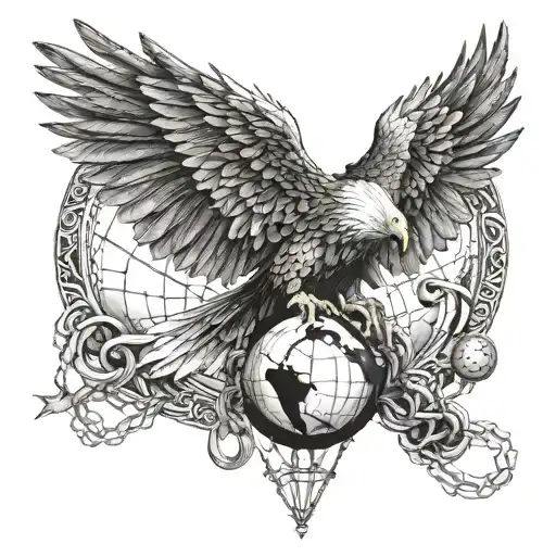 An intricately detailed eagle with wings spread wide, clutching a globe in its talons, anchored to the ground with a heavy chain tattoo design idea