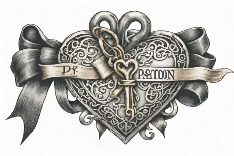 skeleton key with heart shaped lock with ribbon wrapped around with the name Payton in ribbon tattoo design idea