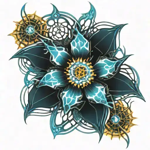 Spiderlily flower with blue flames tattoo design idea
