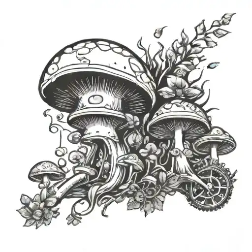 I want the tattoo to have loads of different style mushrooms but the mushrooms need to be made out of car parts and mech tattoo design idea