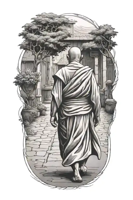 wandering monk walking towards tattoo design idea