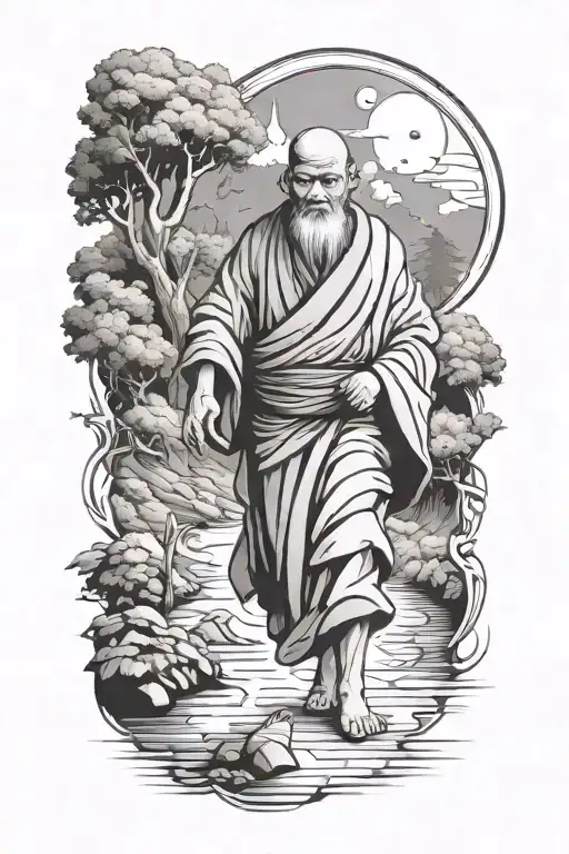 wandering monk walking tattoo design idea
