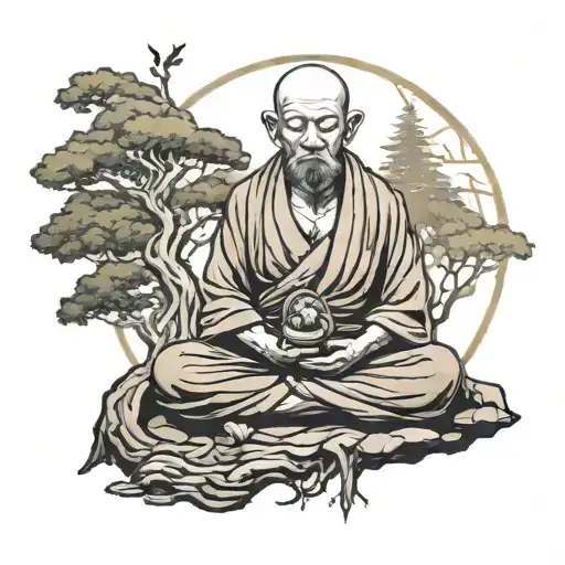 wandering monk meditating with trees tattoo design idea