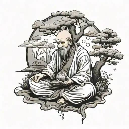 wandering monk meditating with trees tattoo design idea