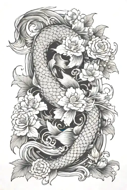 a koi carp with waves going up towards a dragon surrounded by Japanese flowers tattoo design idea