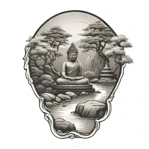 A zen garden with a flowing river and stepping stones leading to a meditating Buddha statue tattoo design idea