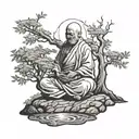 wandering monk meditating with trees tattoo design idea