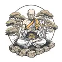 wandering monk meditating with trees tattoo design idea