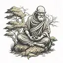 wandering monk meditating with trees tattoo design idea
