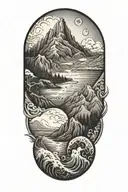 An intricate yin yang symbol with a mountain and ocean scene inside tattoo design idea