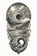 An intricate yin yang symbol with a mountain and ocean scene inside tattoo design idea
