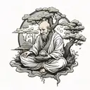 wandering monk meditating with trees tattoo design idea