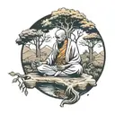 wandering monk meditating with trees tattoo design idea