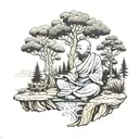 wandering monk meditating with trees tattoo design idea