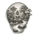 A zen garden with a flowing river and stepping stones leading to a meditating Buddha statue tattoo design idea