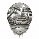A zen garden with a flowing river and stepping stones leading to a meditating Buddha statue tattoo design idea