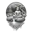 A zen garden with a flowing river and stepping stones leading to a meditating Buddha statue tattoo design idea