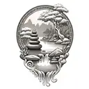 A zen garden with a flowing river and stepping stones leading to a meditating Buddha statue tattoo design idea