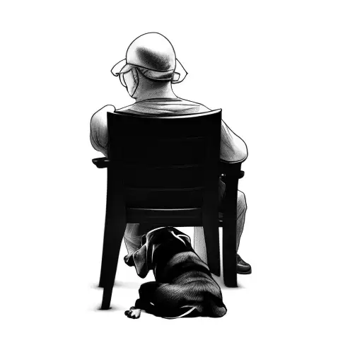 a man sitting in a chair with a dog tattoo design idea