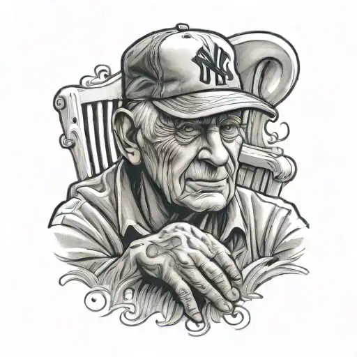 grandfather sitting in lawn chair with a yankees cap  tattoo design idea