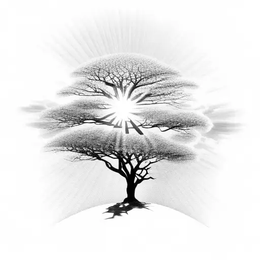 only one large acacia tree, with sun above and behind the tree. with sun rays coming through clouds. must have Four Pant tattoo design idea