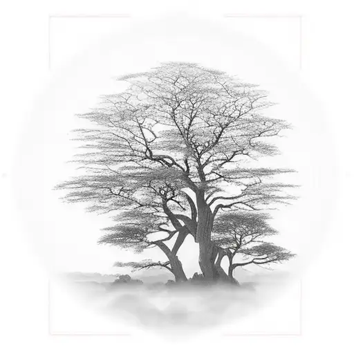 only one large acacia tree, with sun above and behind the tree. with sun rays coming through clouds. must have Four Pant tattoo design idea