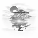 only one large acacia tree, with sun above and behind the tree. with sun rays coming through clouds. must have Four Pant tattoo design idea