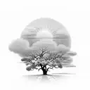 only one large acacia tree, with sun above and behind the tree. with sun rays coming through clouds. must have Four Pant tattoo design idea