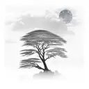 only one large acacia tree, with sun above and behind the tree. with sun rays coming through clouds. must have Four Pant tattoo design idea