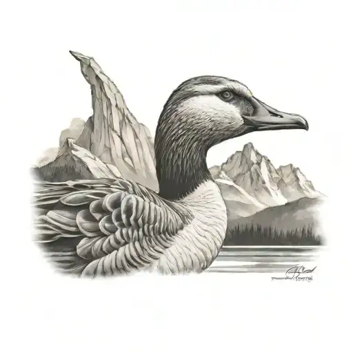 realistic goose head profile holding mountain background tattoo design idea