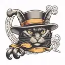 A black cat with a gentlemans hat sitting tattoo design idea