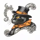 A black cat with a gentlemans hat sitting tattoo design idea
