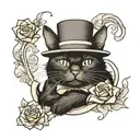 A black cat with a gentlemans hat sitting tattoo design idea