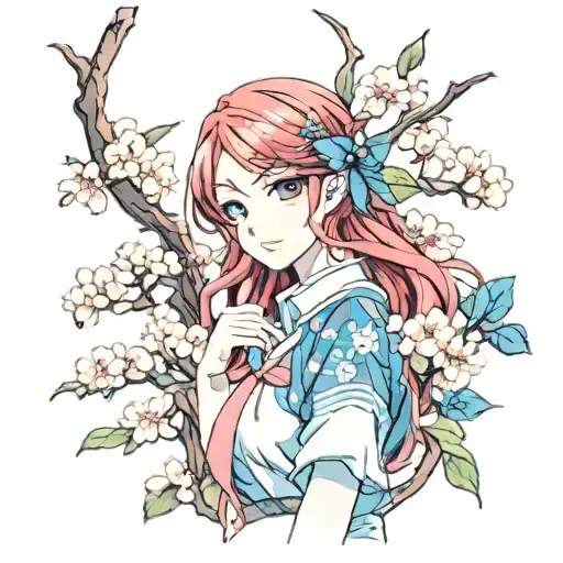 red haired girl with blue eyes in a garden of cherry trees tattoo design idea
