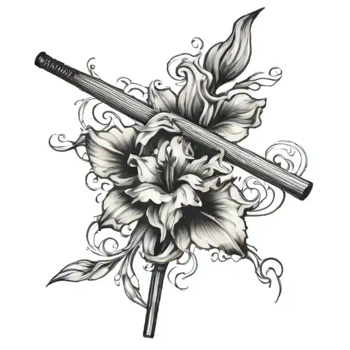A gladiolus flower intertwined with a baseball bat, surrounded by wisps of smoke tattoo design idea