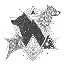 3 triangles, one with jupiter, one with the cosmos and one with a dog paw  tattoo design idea