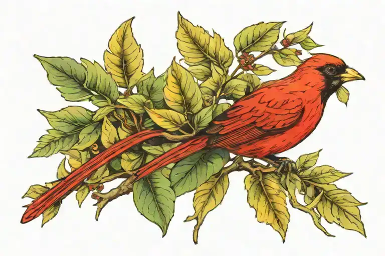 small red bird with yellow highlights in plumage perched among green leaves and brown branches. neck tattoo, right side tattoo design idea