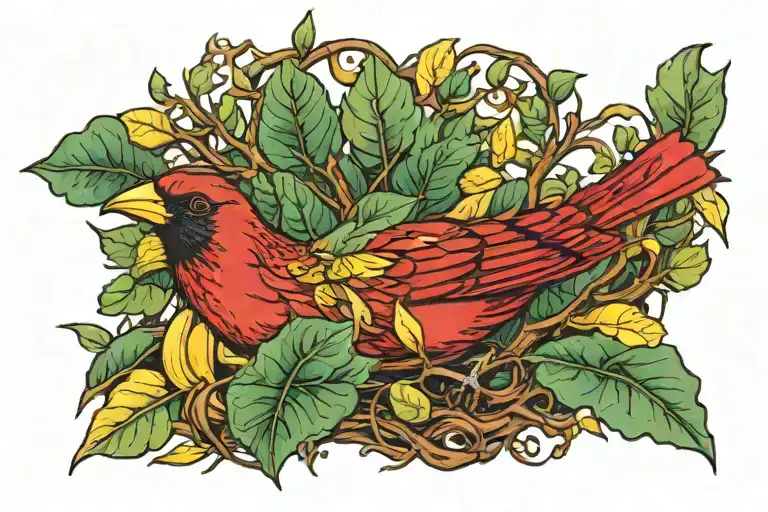 small red bird with yellow highlights in plumage tucked away amongst green leaves and brown branches. neck tat  tattoo design idea
