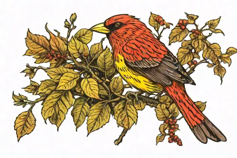 small red bird with yellow highlights in plumage perched among green leaves and brown branches. neck tattoo, right side tattoo design idea
