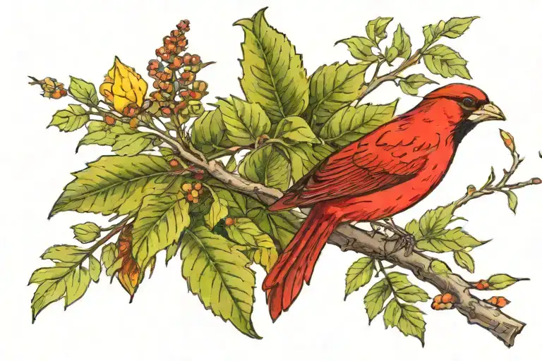 small red bird with yellow highlights in plumage perched among green leaves and brown branches. neck tattoo, right side tattoo design idea