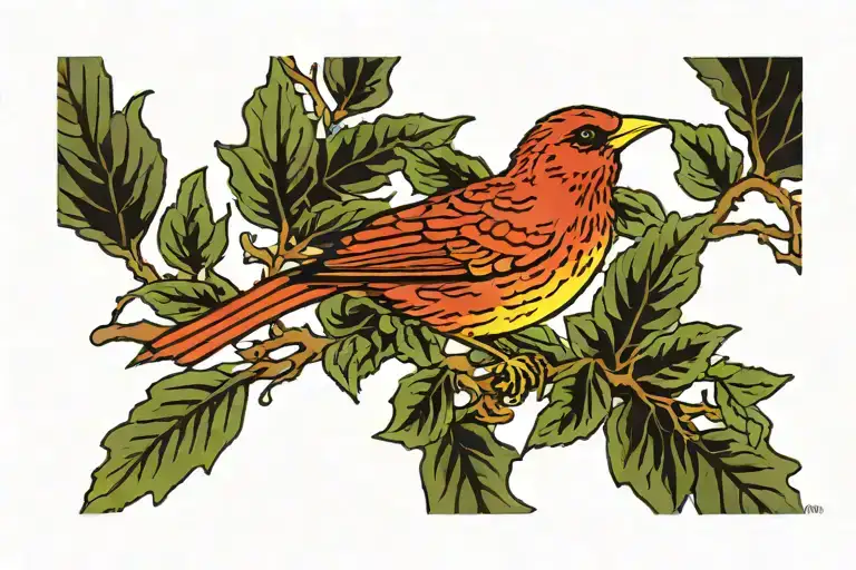 small red bird with yellow highlights in plumage perched among green leaves and brown branches. bird is dwarfed by tree  tattoo design idea