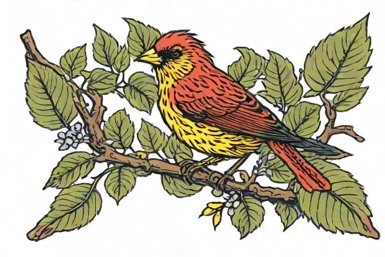 small red bird with yellow highlights in plumage perched among green leaves and brown branches. bird is dwarfed by tree  tattoo design idea