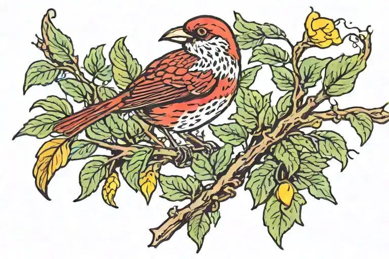 small red bird with yellow highlights in plumage perched among green leaves and brown branches tattoo design idea