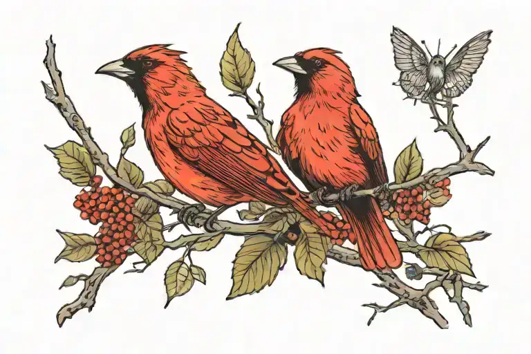 small red bird tucked away amongst large tree branches in a forest scene. neck tattoo on right side of neck only.  tattoo design idea
