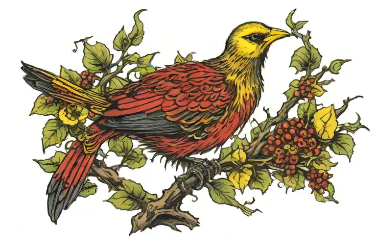 small red bird with yellow highlights in plumage perched among green leaves and brown branches. neck tattoo, right side tattoo design idea