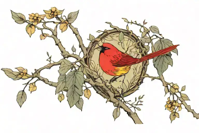small red bird with yellow highlights in plumage tucked away amongst large tree branches  tattoo design idea