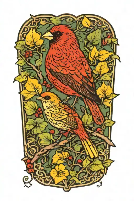 small red bird with yellow highlights in plumage perched among green leaves and brown branches. neck tattoo, right side tattoo design idea