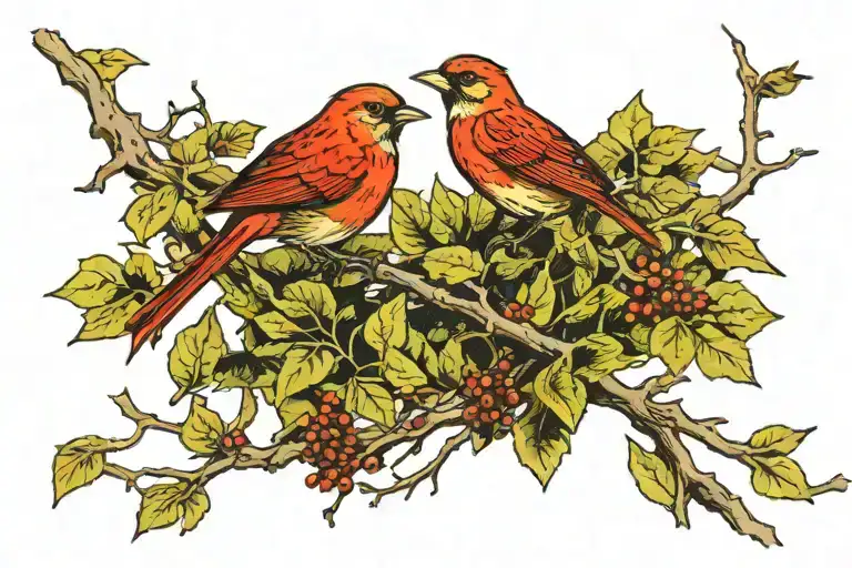small red bird with yellow highlights in plumage perched among green leaves and brown branches. neck tattoo, right side tattoo design idea