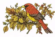 small red bird with yellow highlights in plumage perched among green leaves and brown branches. neck tattoo, right side tattoo design idea